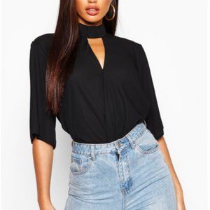 Boohoo High Cut Choker Neck Wrap Front Blouse